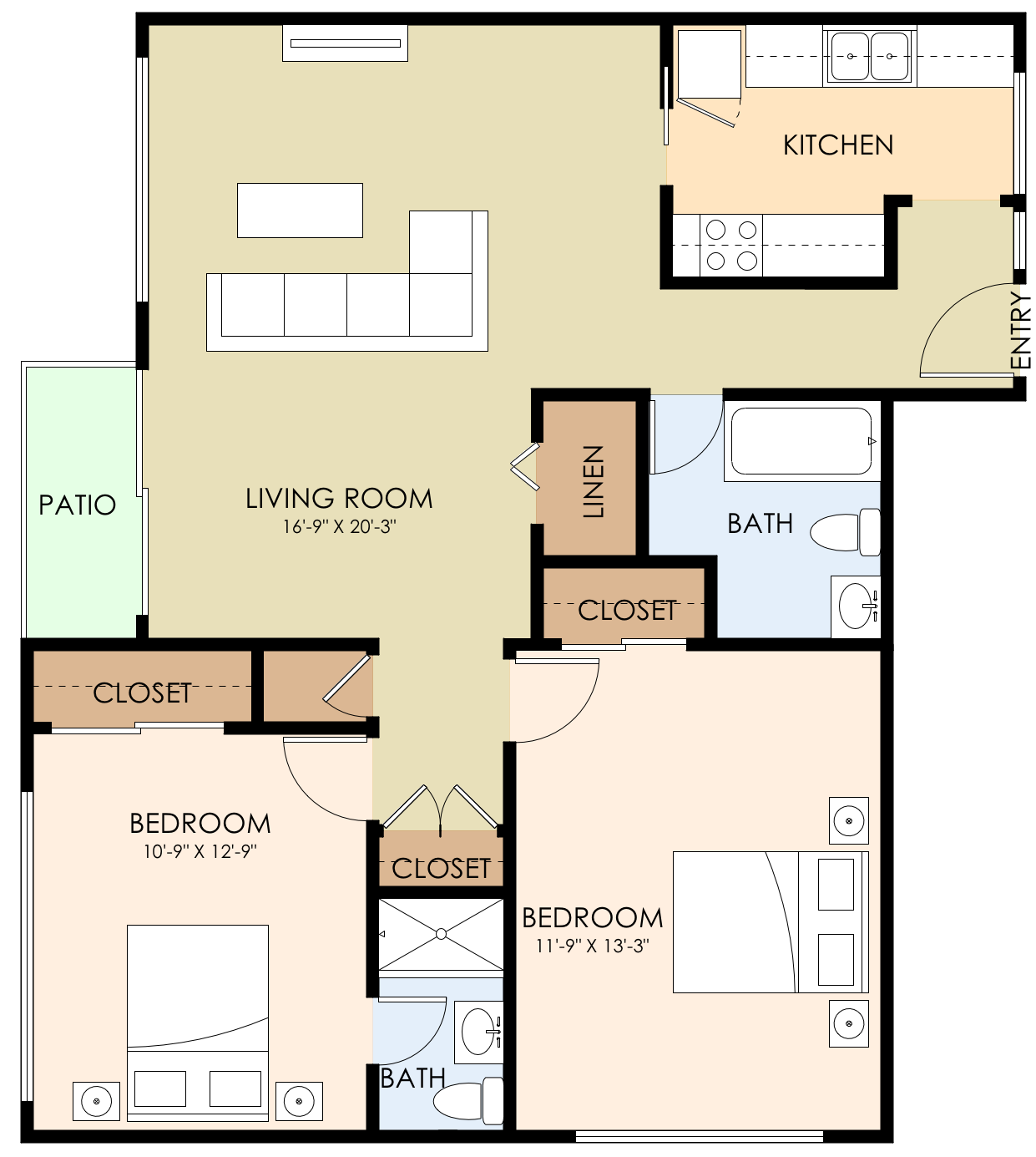 Floor plan for 2 beds, 2 baths
